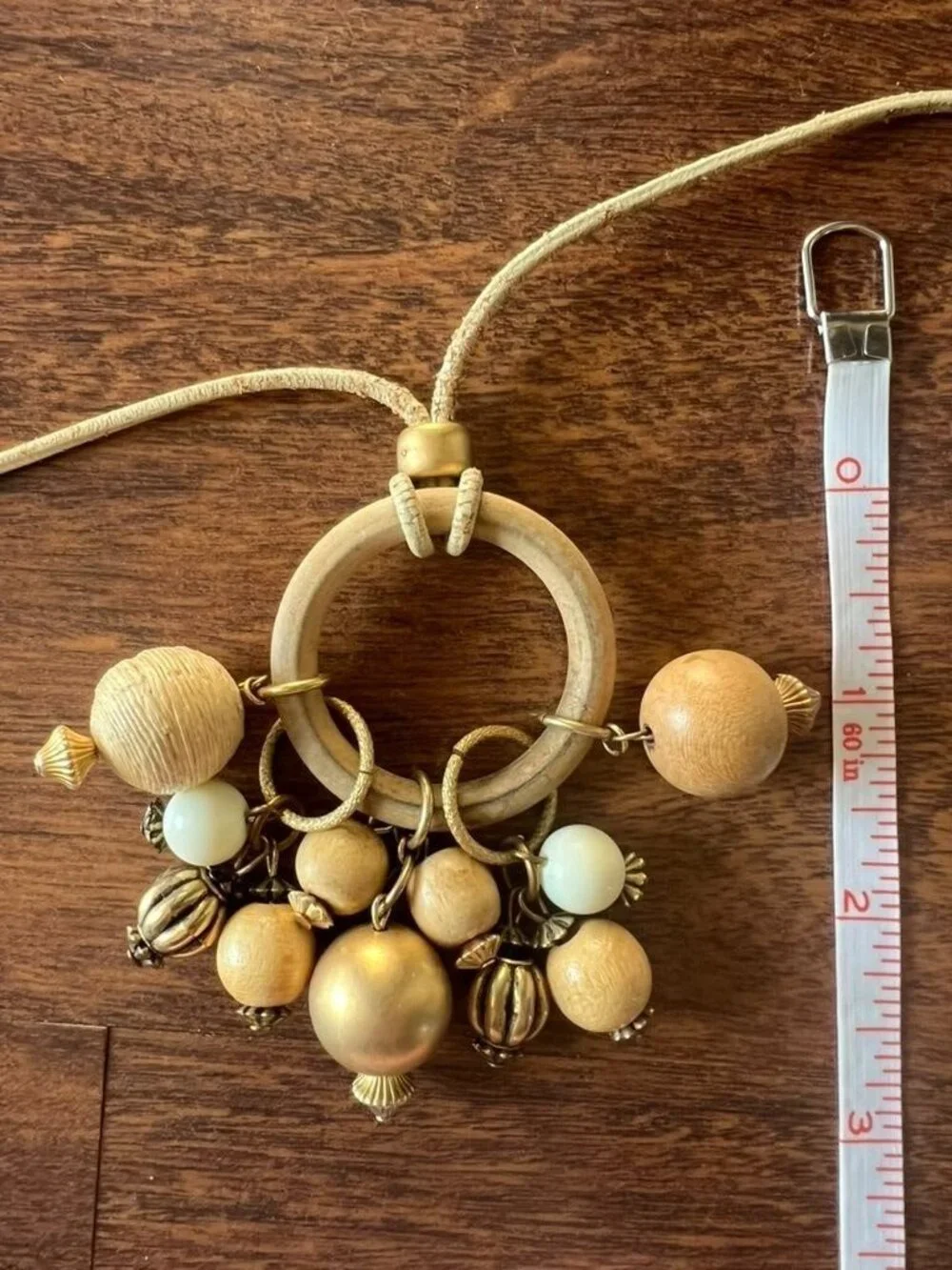 Vintage Boho Wood Bead Necklace Long Cord Gold Tone Charm Cluster Pendant